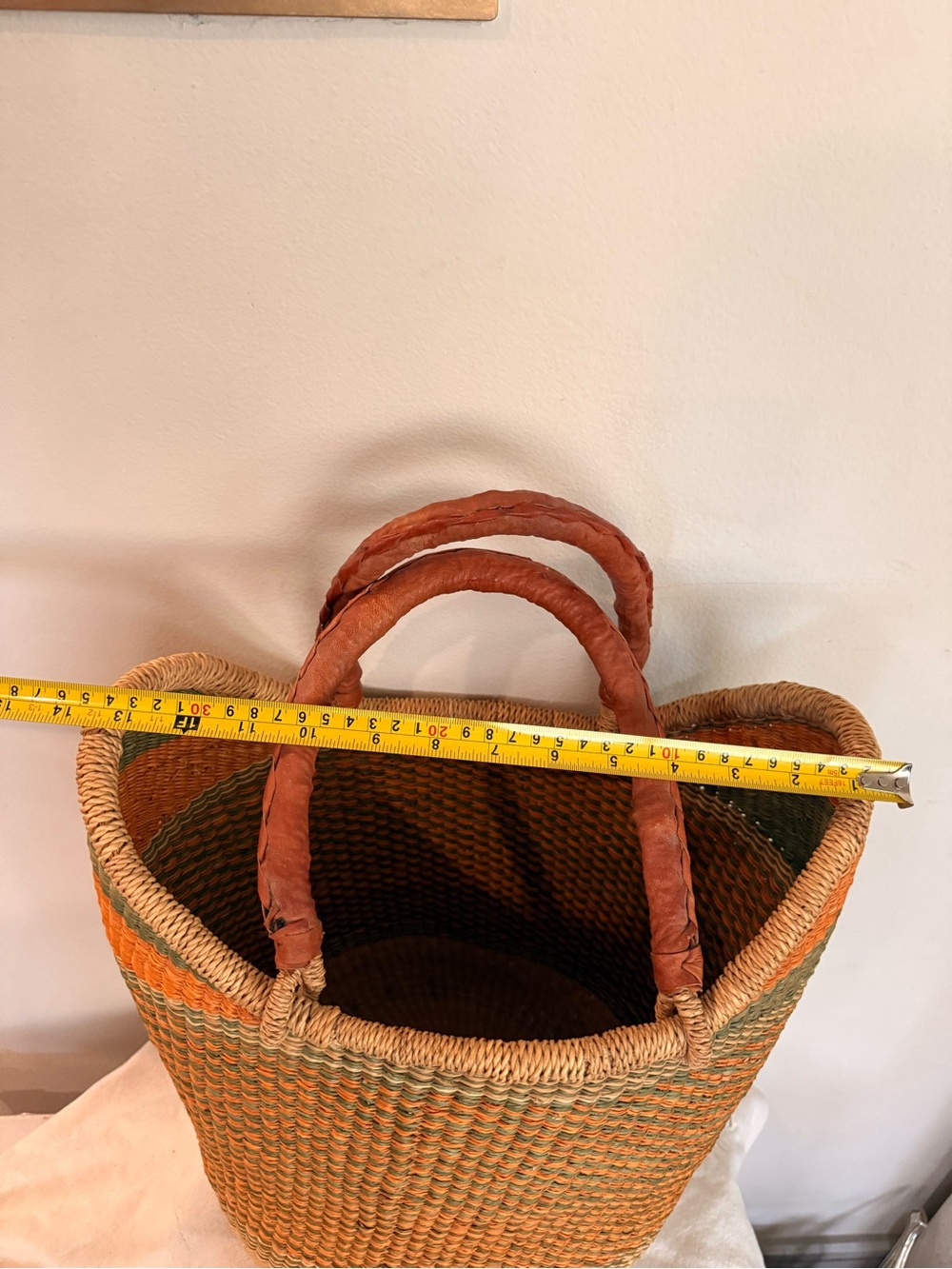 Handwoven African Straw Tote in Orange, Green and Natural with Leather Handles - Picture 9 of 11